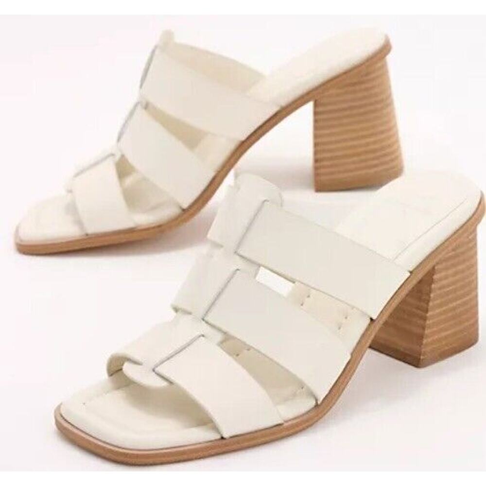 New Marc Fisher LTD Louisa Leather Block Heel Slip On Mules Woven Ivory Size 8M